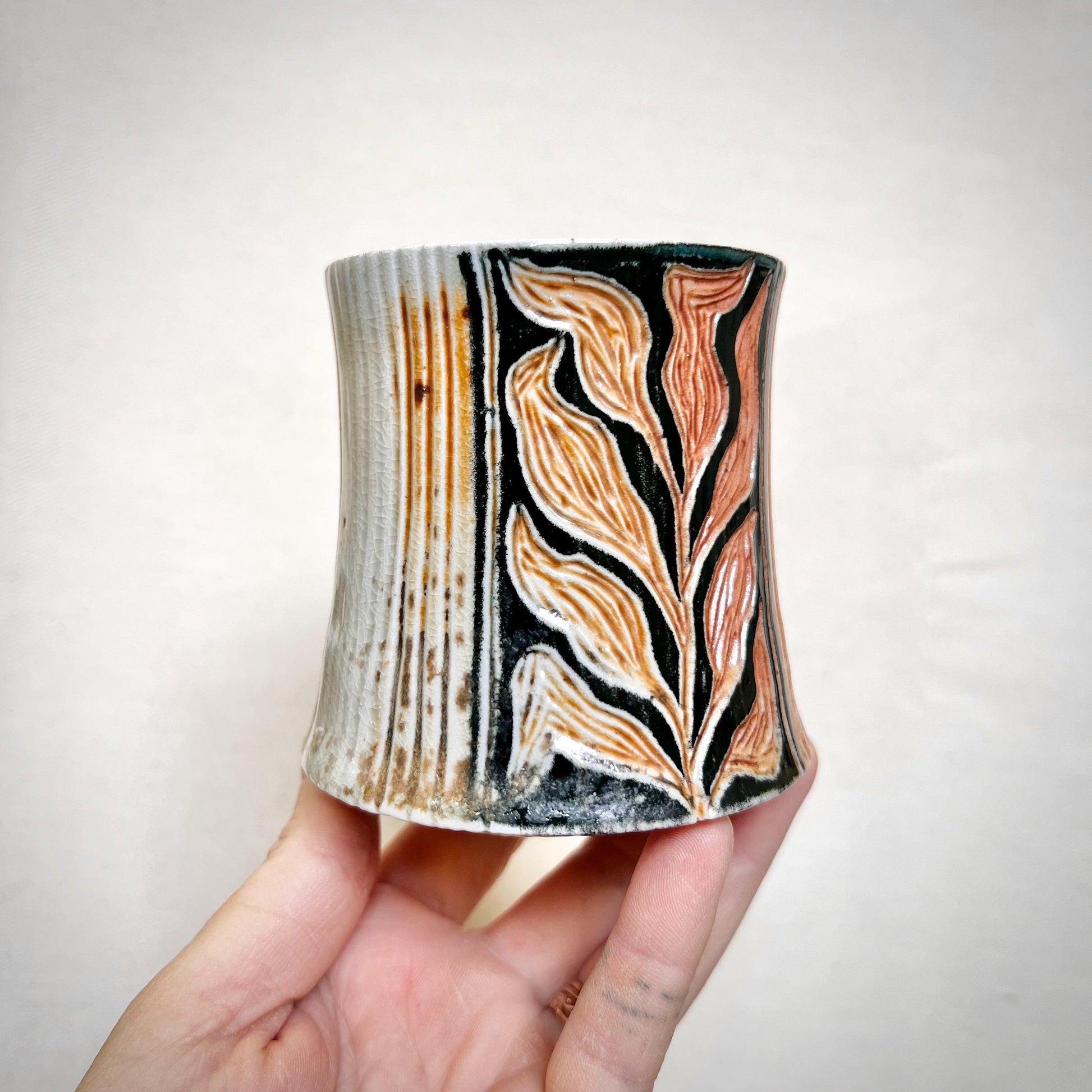 Woodfired Ceramic Tumbler - 8oz cup- Rustic Tumbler with Striped Design