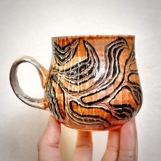 Wood Fired Mug -  9oz - Rustic Striped Leaf Design