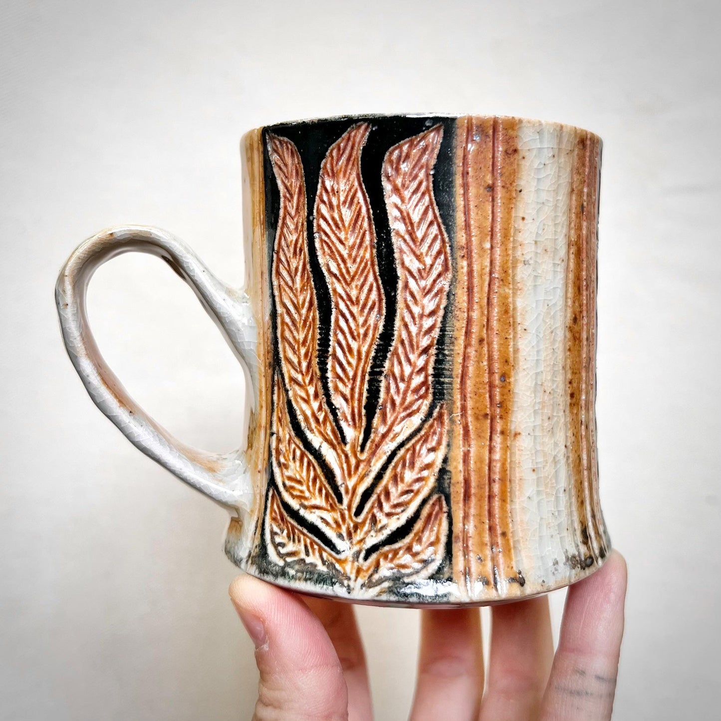 Wood Fired Mug - 10oz - Rustic Mug with Abstract Leafy Design