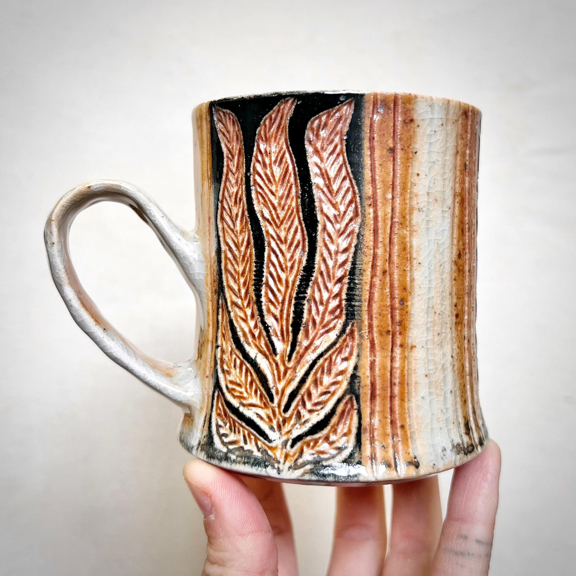 Wood Fired Mug - 10oz - Rustic Mug with Abstract Leafy Design