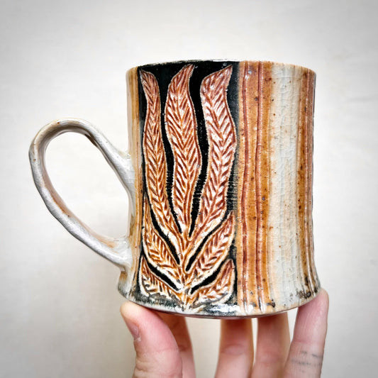 Wood Fired Mug - 10oz - Rustic Mug with Abstract Leafy Design